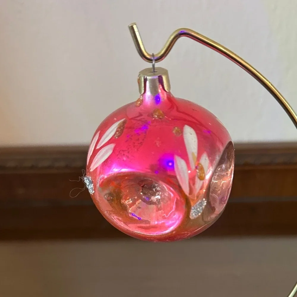 Vtg USSR Pink Mercury Glass Christmas Ornament Quadruple‎ Indent 2'' GLOWS